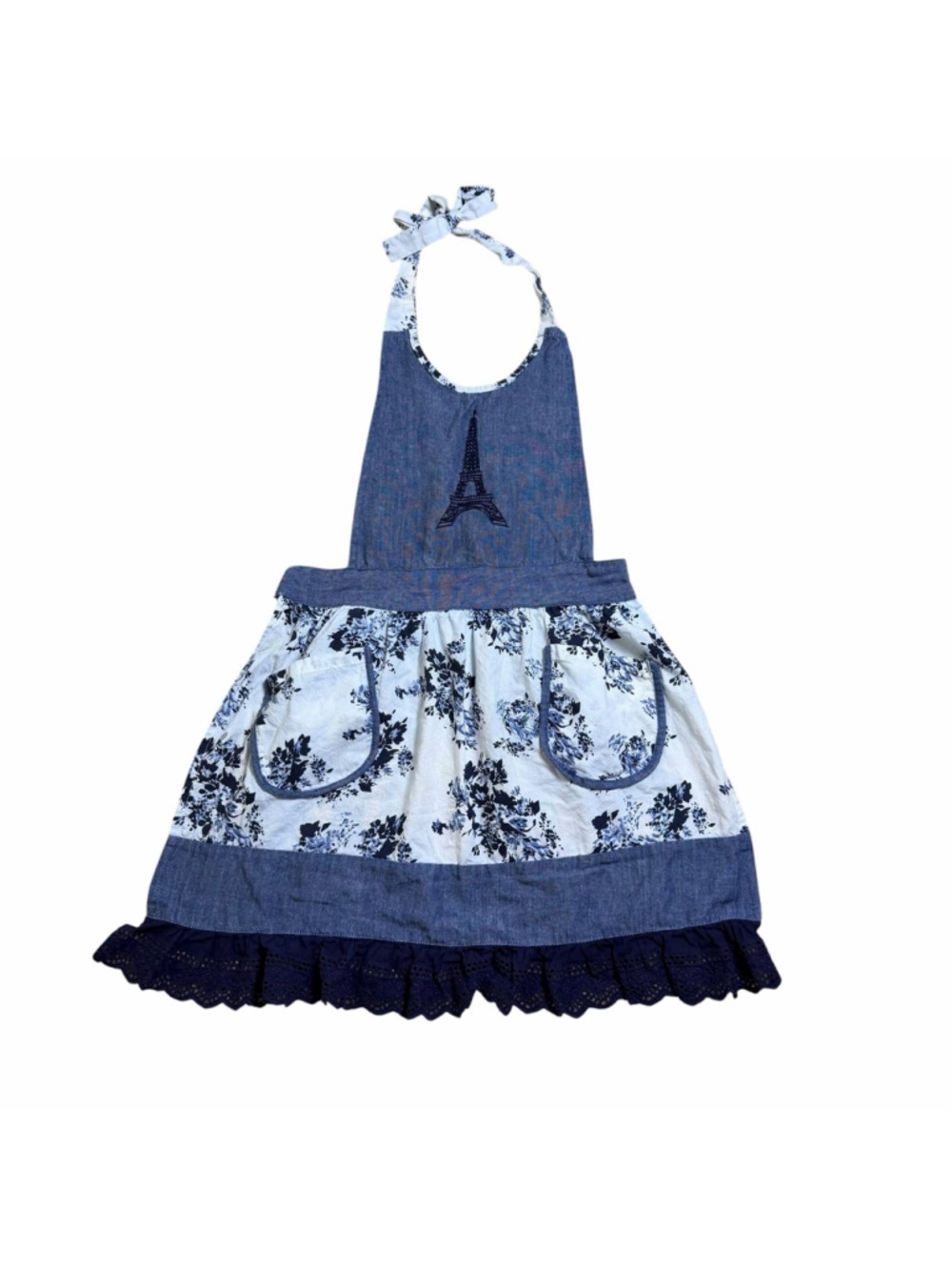Sur La Table Floral Eiffel Tower Girls Apron Blue White